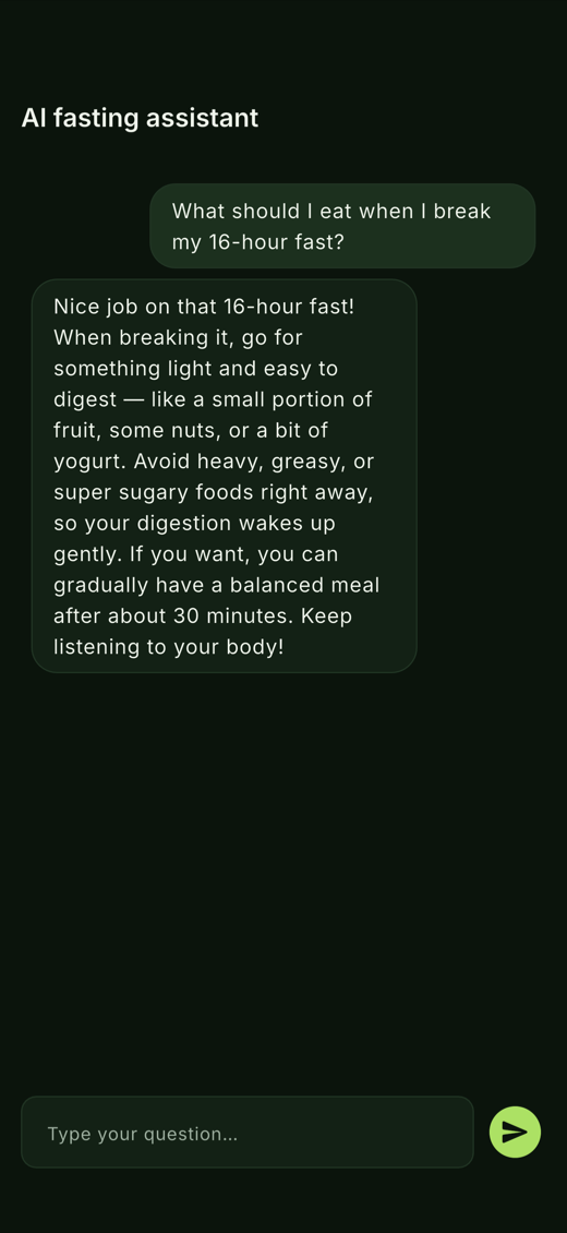 The AI assistant answering a question about breaking a 16-hour fast.