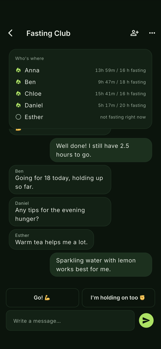 A small private group showing each member’s running fast and a conversation.