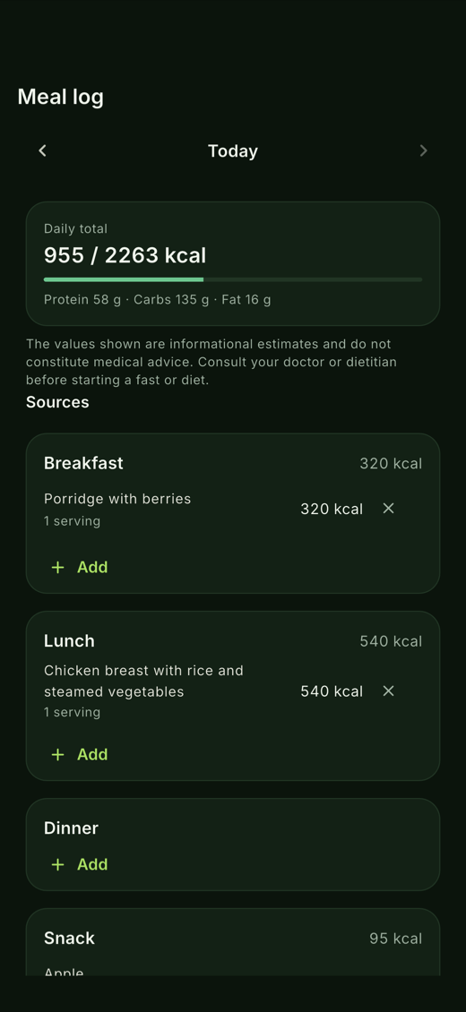 Meal log with calories, macros and the health disclaimer.