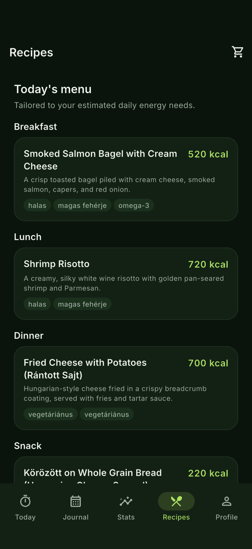 Daily recipe suggestions for breakfast, lunch, dinner and a snack.
